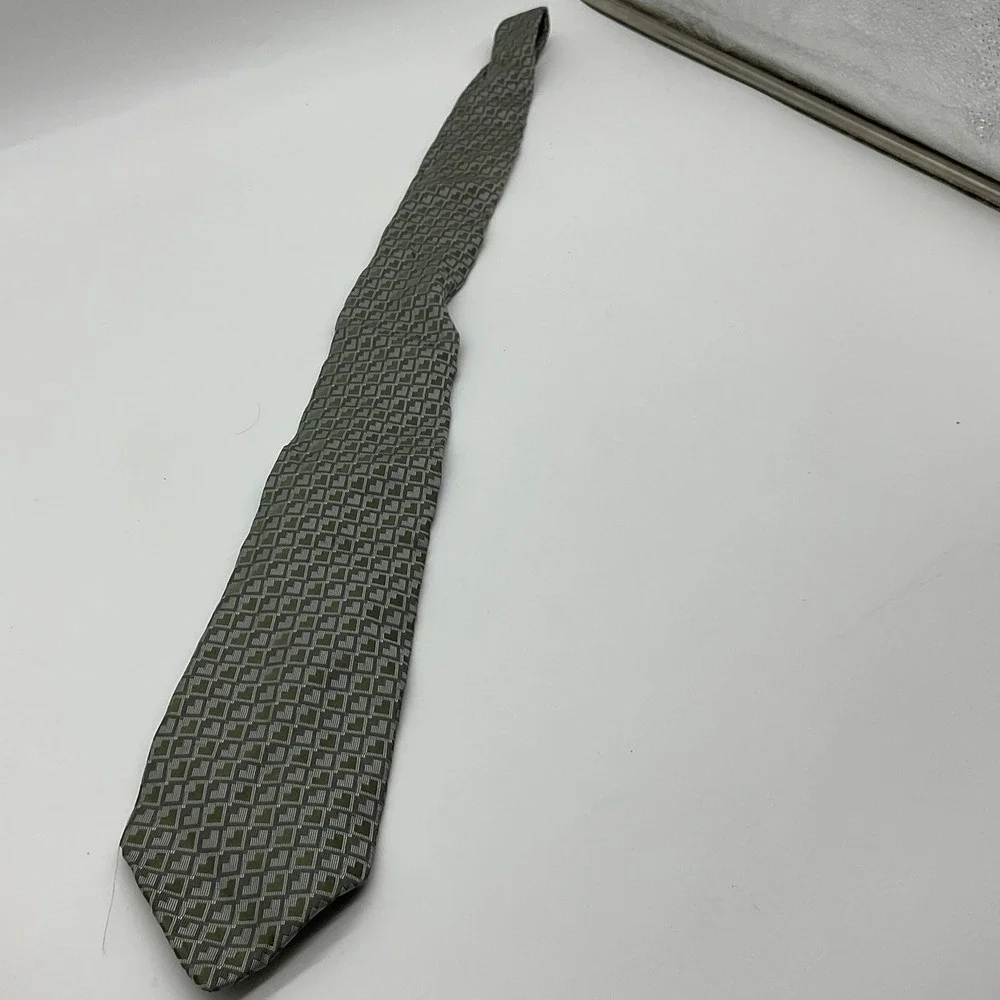 Stafford Necktie Mens Olive Green Grey Geometric Silk Classic Formal Accessory